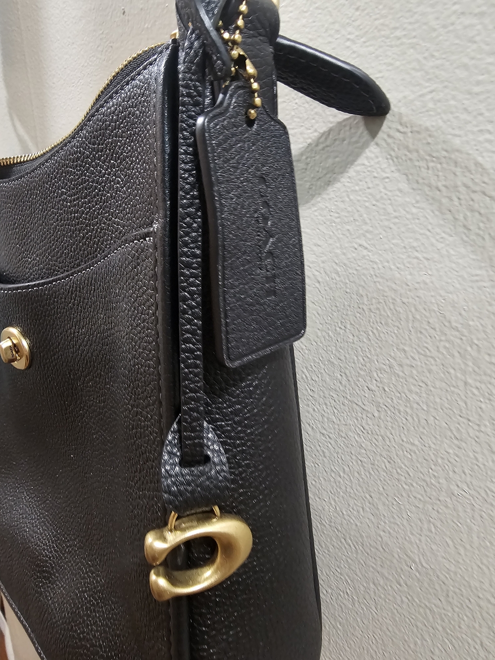 Black Pebbled Leather Shoulder Bag with Gold Hardware